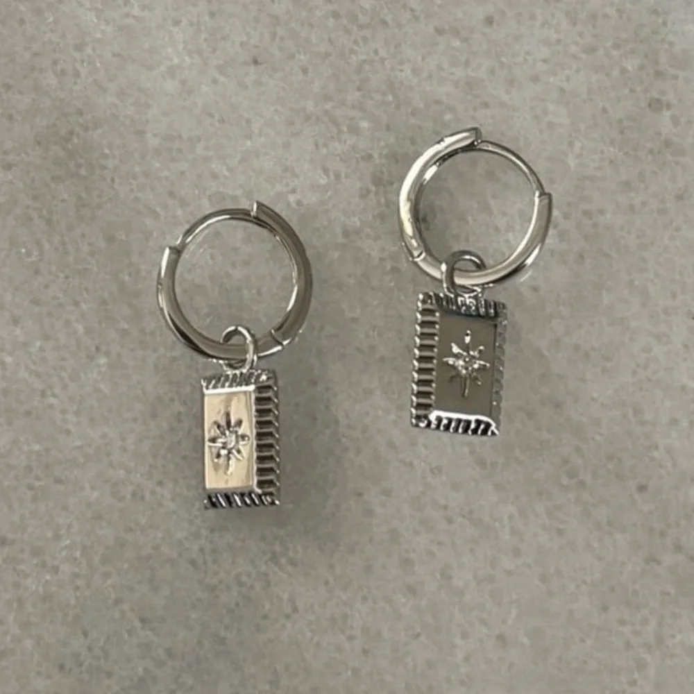 New Drop! Sterling Silver Square Star Burst Crystal Pendant Huggie Hoop Earrings - Picture 4 of 4